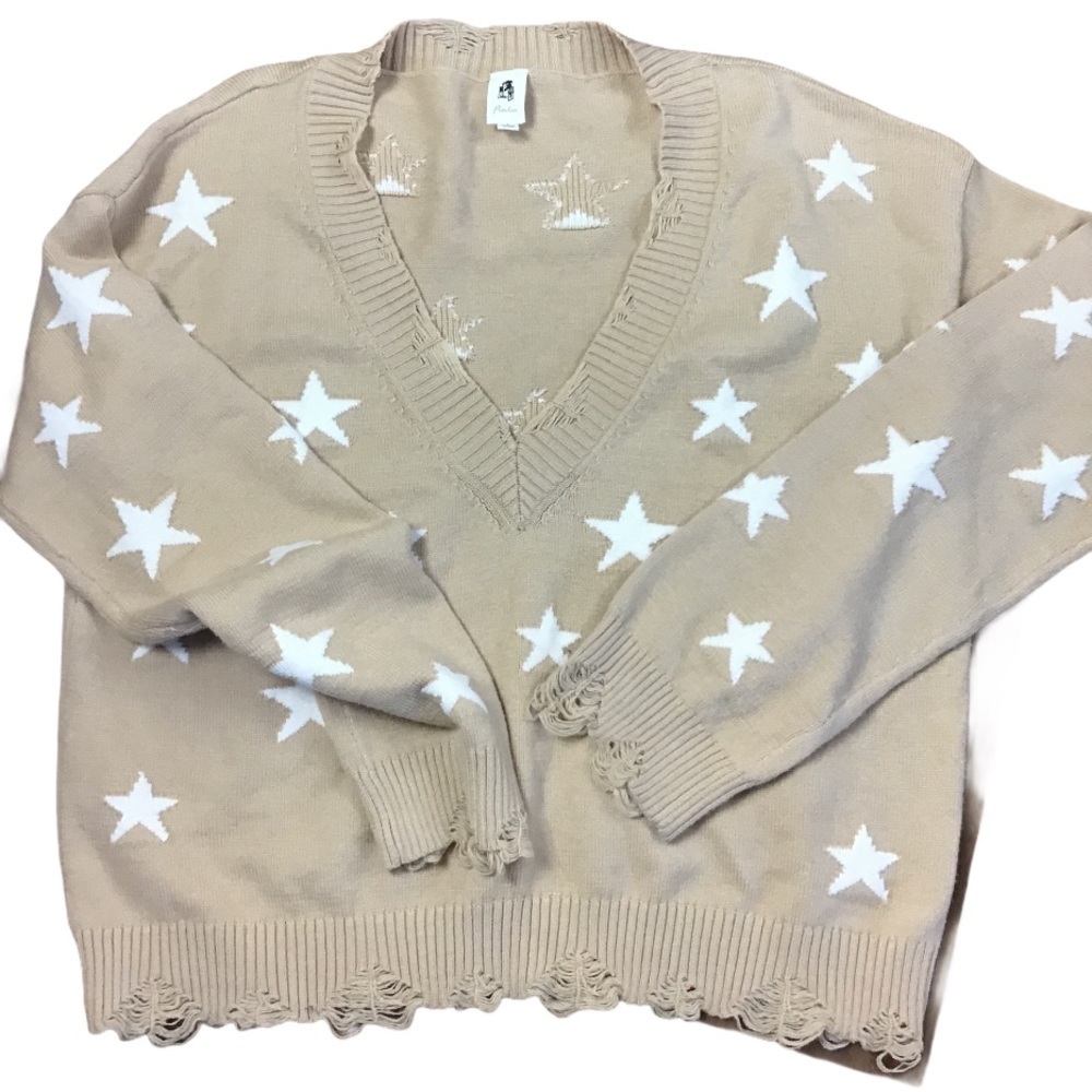 Flawless Distressed Star Print V-Neck Sweater